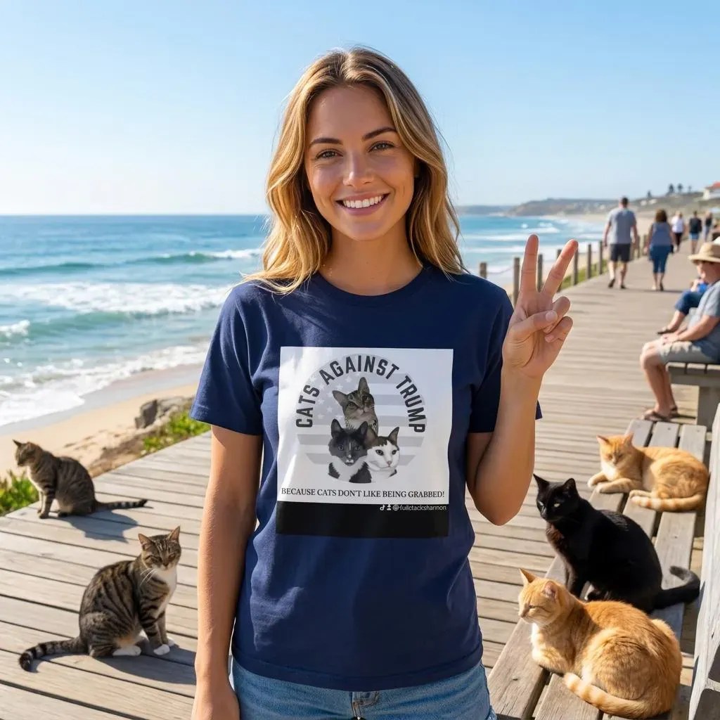 Woman in "Cats Against Trump" shirt with cats on beach boardwalk