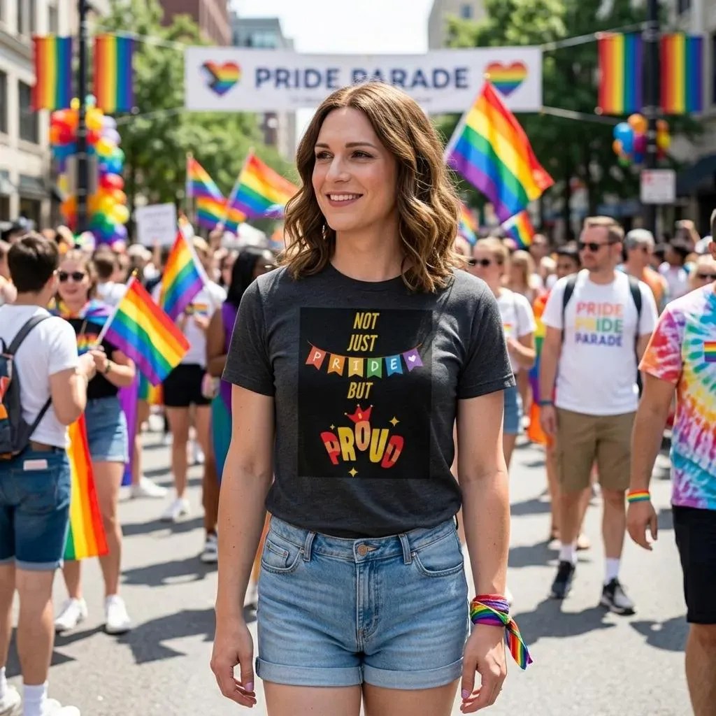 Woman in a "Not Just Pride But Proud" t-shirt at a Pride parade