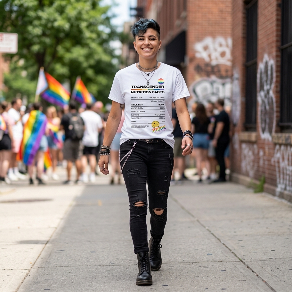 Person in "TRANSGENDER NUTRITION FACTS" shirt at Pride parade