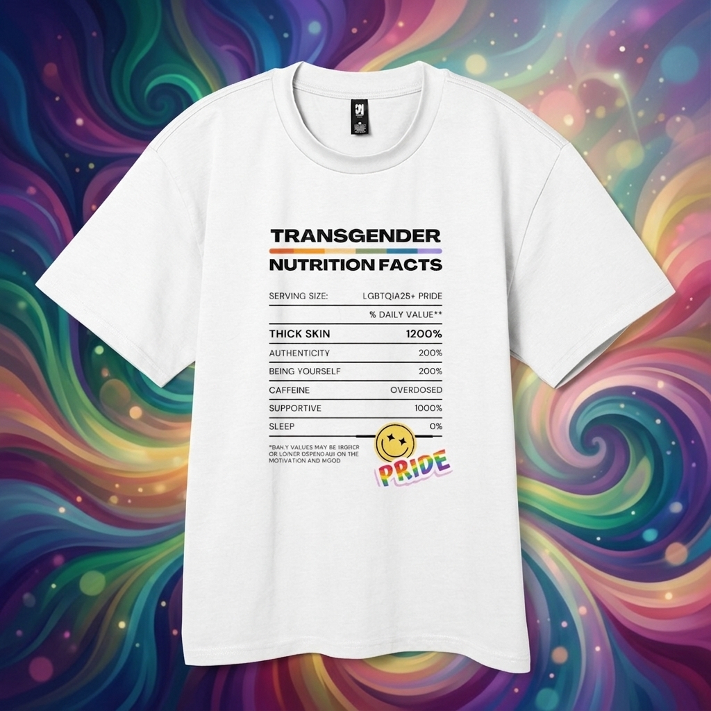 White t-shirt with "Transgender Nutrition Facts" and pride flag elements