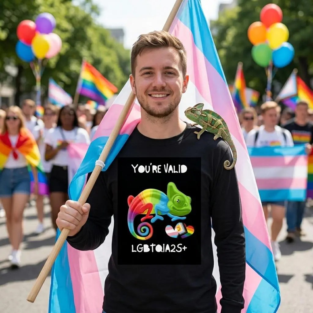 Man holds transgender flag and wears shirt saying "You're Valid LGBTQIA2S+