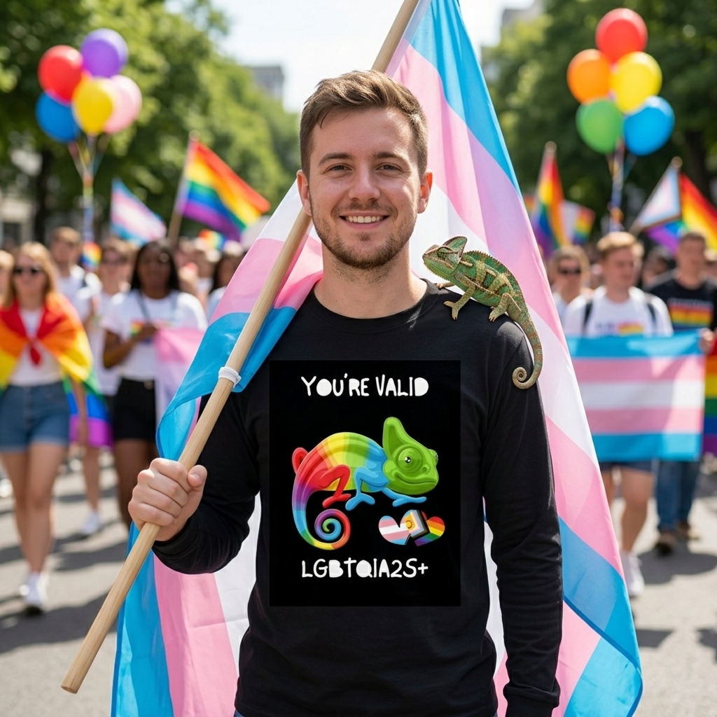 Man holds transgender flag and wears shirt saying "You're Valid LGBTQIA2S+
