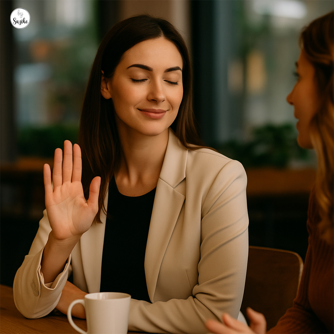 Confident woman asserting her boundaries in a conversation, showing how to set boundaries and say no