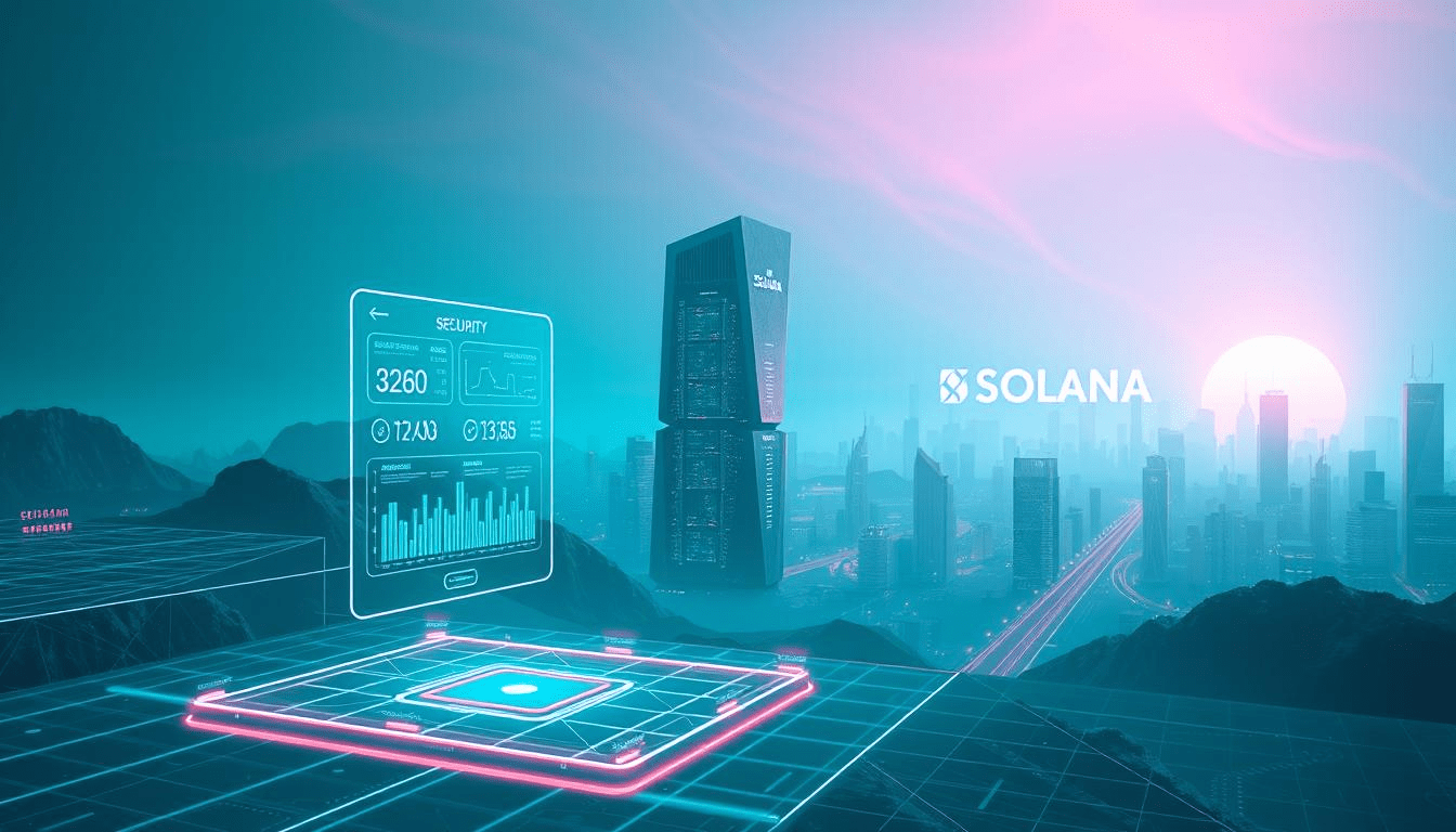 A futuristic landscape depicting the Solana blockchain network, showcasing its security features. In the foreground, a sleek, holographic interface displays real-time transaction data and network metrics, surrounded by a cyberpunk-inspired grid-like structure. In the middle ground, a towering, angular data center stands, its servers and cooling systems visible through transparent panels. The background features a cityscape of towering skyscrapers, with the Solana logo prominently displayed on the horizon, illuminated by the glow of a neon-tinged sunset. The scene is bathed in a cool, teal color palette, with rays of light cutting through the haze, creating a sense of technological sophistication and advanced security protocols.