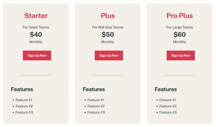 Pricing columns using the Eksell WordPress theme in the block editor.