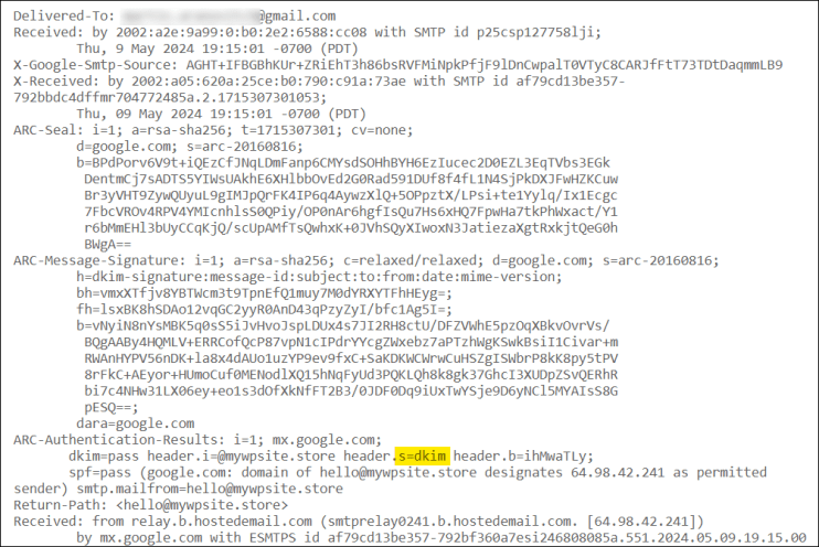 Example of email header with DKIM signature header selector highlighted.