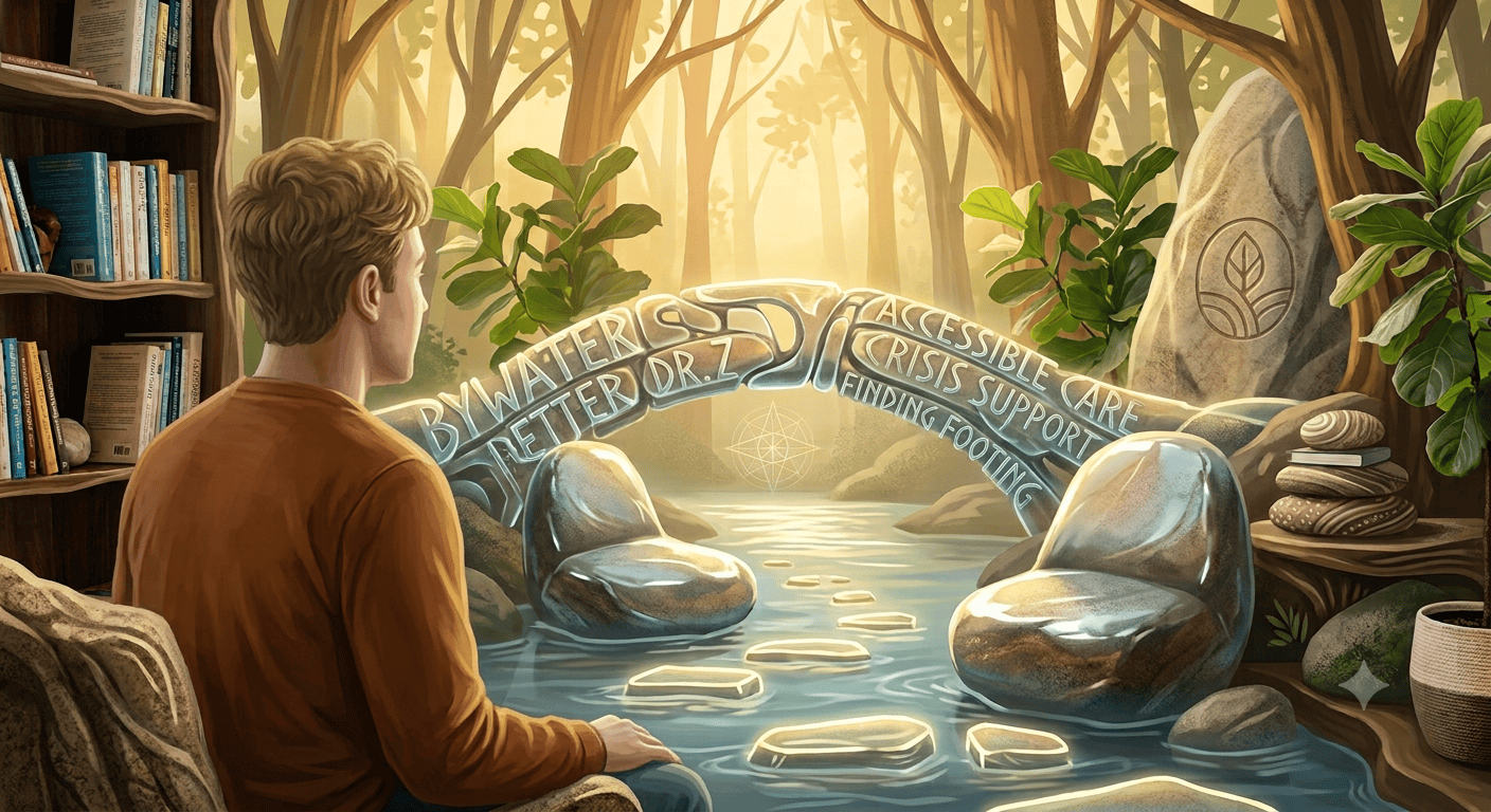 Man in an orange shirt sits beside a glowing stream in a forest, stepping-stone path toward a luminous arch with accessibility words.