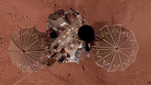 Phoenix Lander self portrait - a vertical projection combining hundreds of exposures taken...