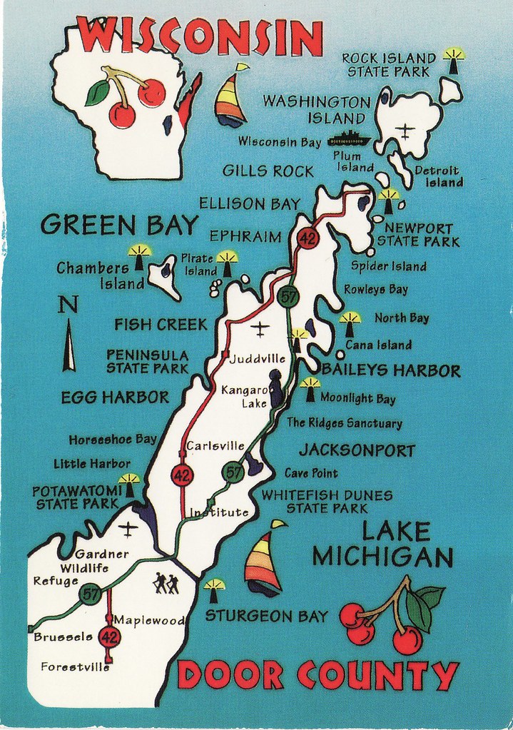 The resort offers 3 log cabins and 10 motel units on 4 acres. Door County Highlights | Postcard scan; from a Wisconsin