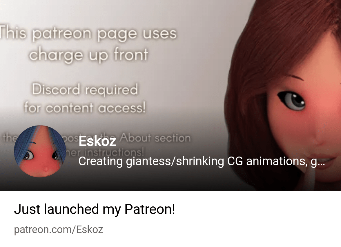 Eskoz | Creating giantessshrinking CG animations, games and related con |  Patreon