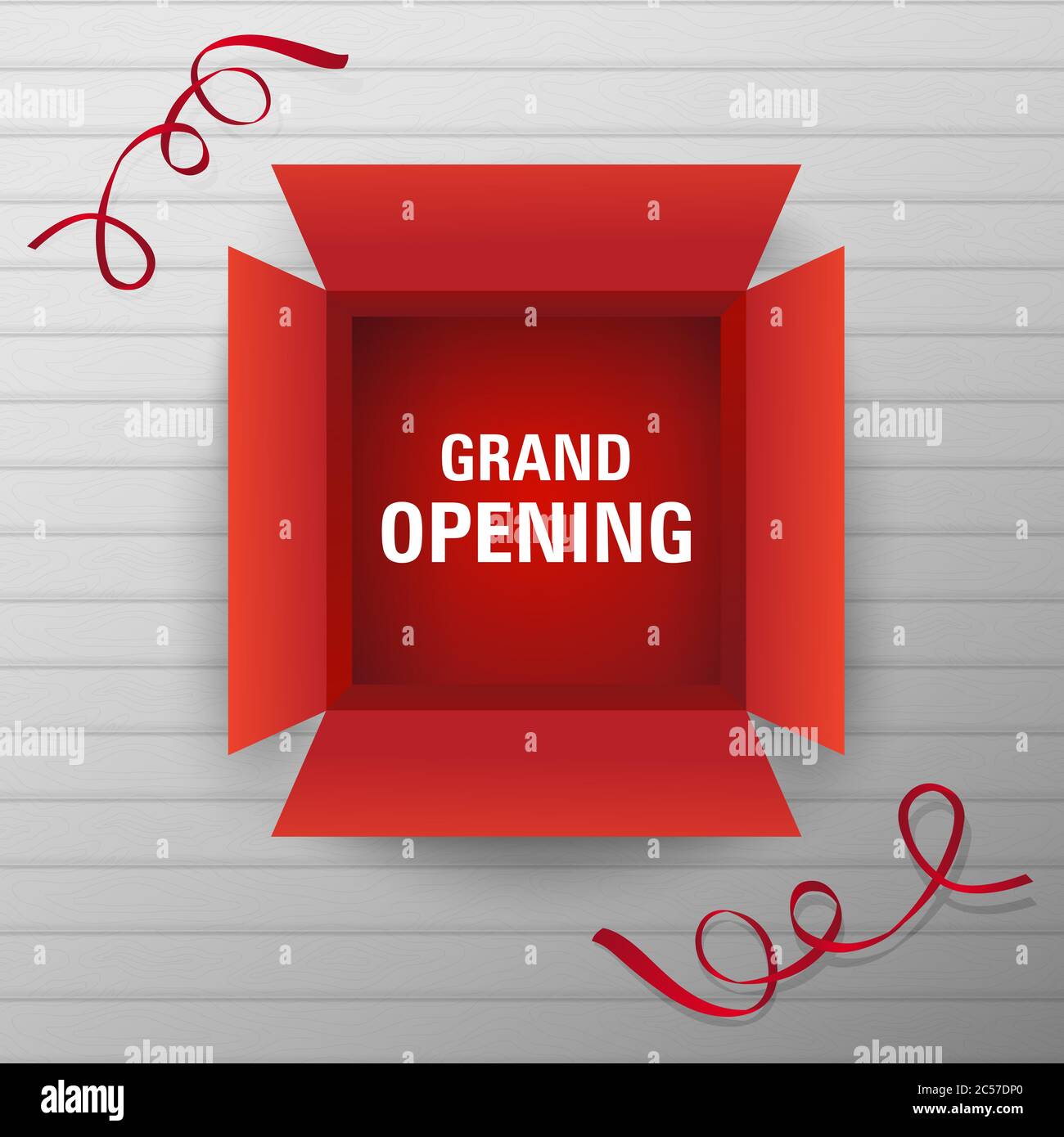 Grand Opening With Top View Opened Box Red Banner Vector Creative Design On Wooden Texture Grey Pattern Background 3d Look Stock Vector Image Art Alamy