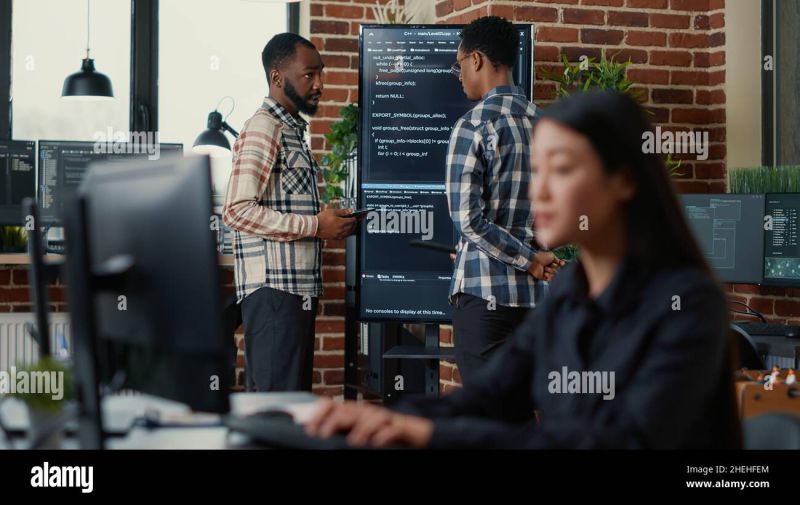 Team Of Software Programmers Leaving After Analyzing Source Code On - Download Modern Vintage Image | Full HD