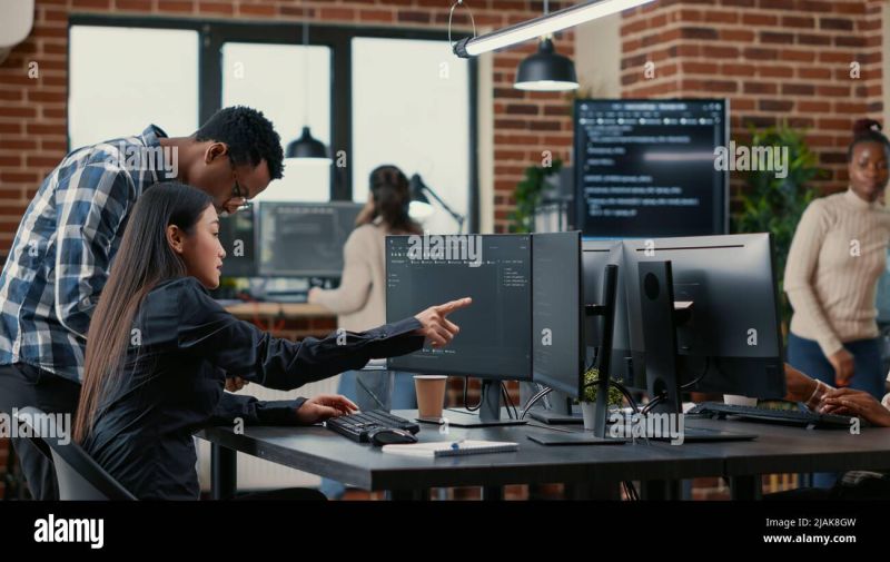 Mixed Team Of Programmers Analyzing Source Code Pointing At Screens - Download Creative Gradient Design | Mobile