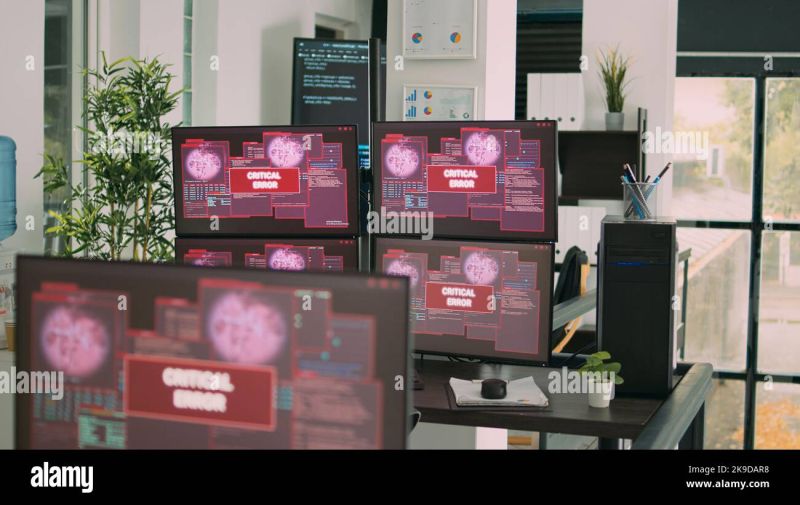 Empty Office With Computer Monitors Displaying System Error And Hacking Attack In It Agency - Space Illustrations - Premium 8K Collection