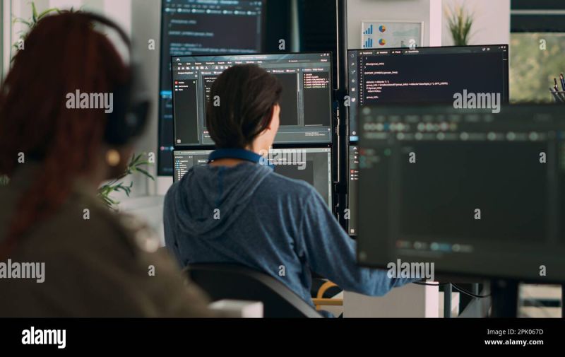 Junior Developer Working On Terminal Window To Code System Script Using Multiple Monitors With - Premium Dark Design Gallery - Retina