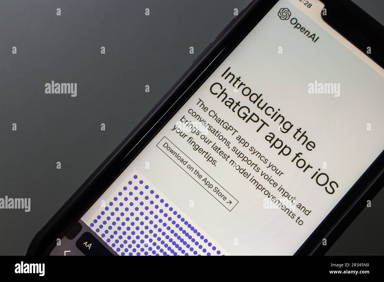 “introducing the chatgpt app for ios” website seen in an iphone. in may
