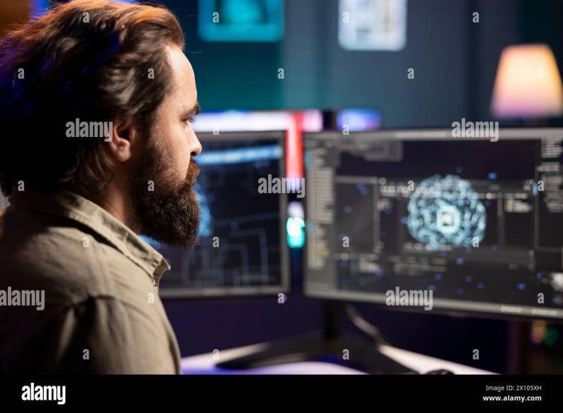 Software Developer Using Computer For Artificial Intelligence Computing Simulating Human Brain - 8K Mountain Arts for Desktop