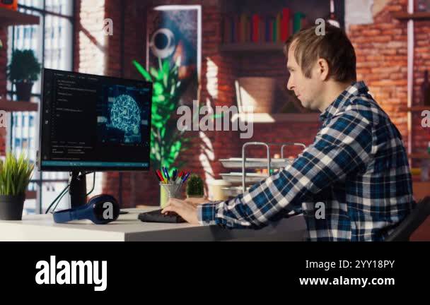 Programmer Using Computer For Artificial Intelligence Computing - Elegant Colorful Background - HD