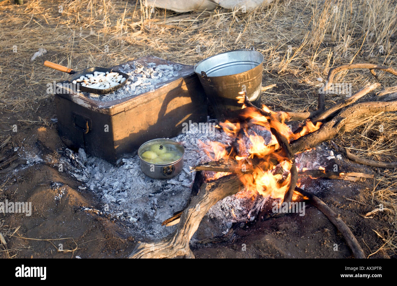 Camp fire cooking stock photo