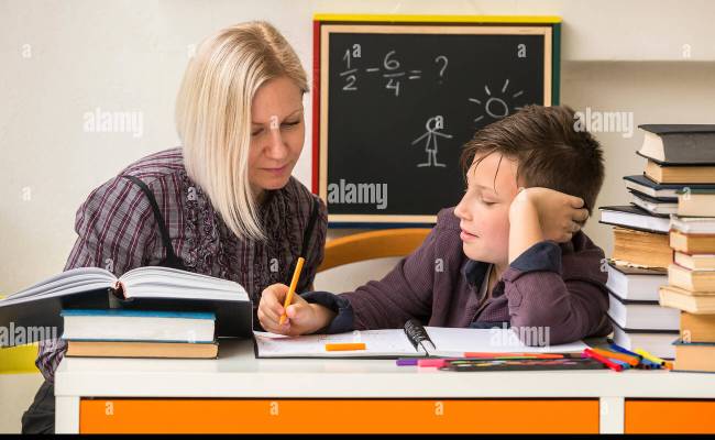 Student During Homework With The Help Of A Tutor Stock Photo - Alamy