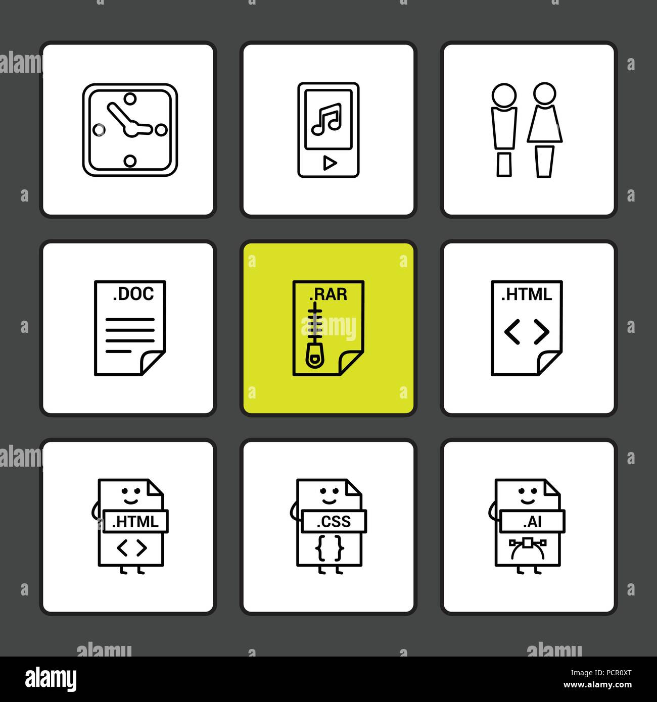 Clock Mp4 Male Female Doc Rar Compressed File Html Code Css Ai Icon Vector Design Flat Collection Style Creative Icons Stock Vector Image Art Alamy