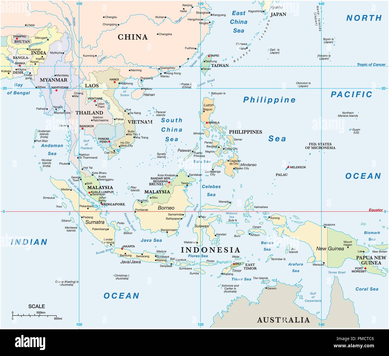 Asia And The South Pacific Map Physical Of South Asia By Jordan Southeast Asia Vector Map With Coordinates And Scale PMCTC6 