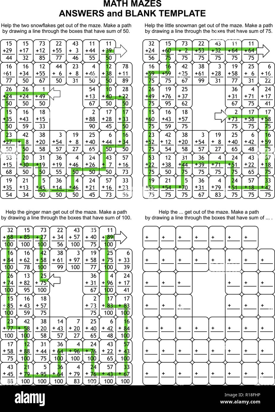 solutions or answers for previous 3 math mazes plus blank template can be used also as templates for new puzzle worksheets stock vector image art alamy
