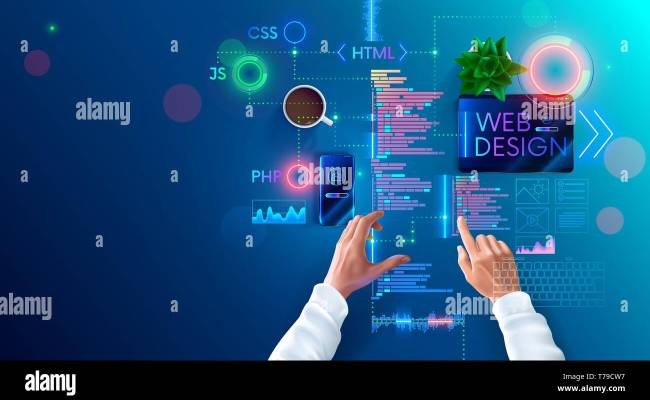 Web Design And Coding In Internet Page Development Languages. Designer Develops Site Layout In ...