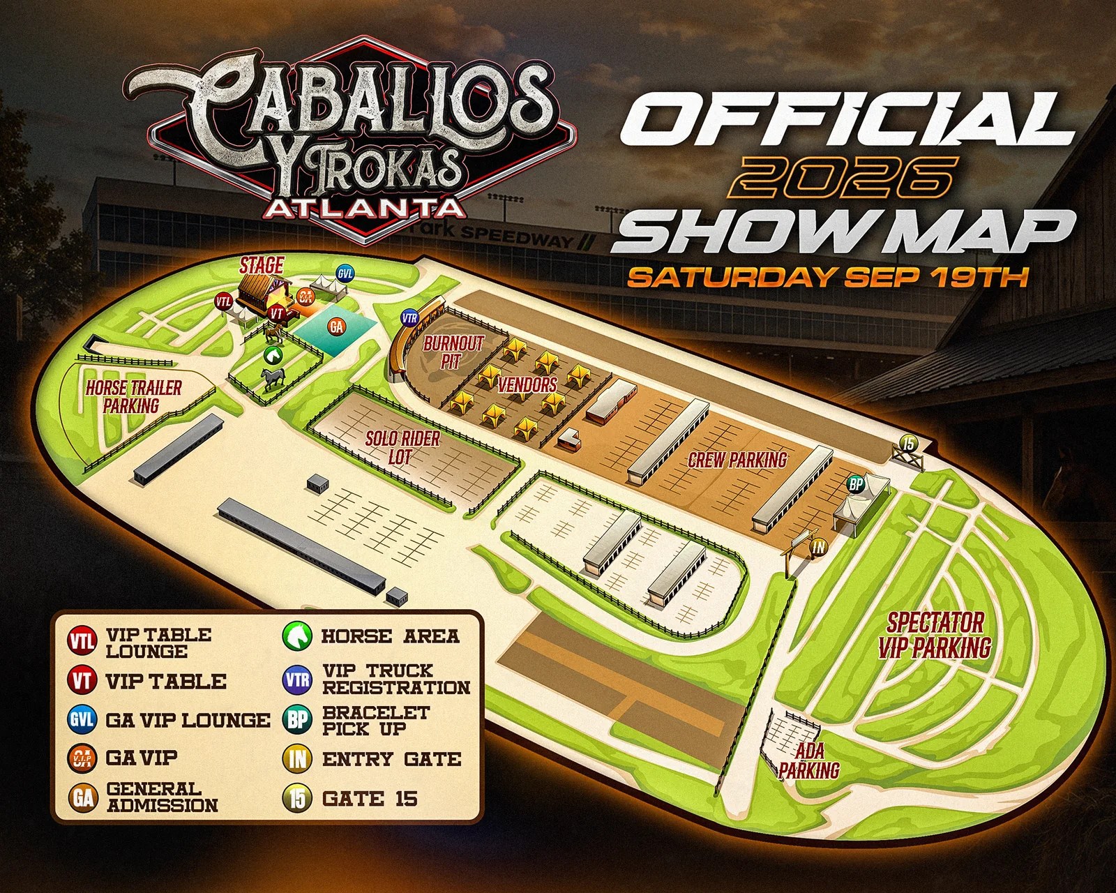 Mapa oficial del evento Caballos y Trokas 2026 en EchoPark Speedway