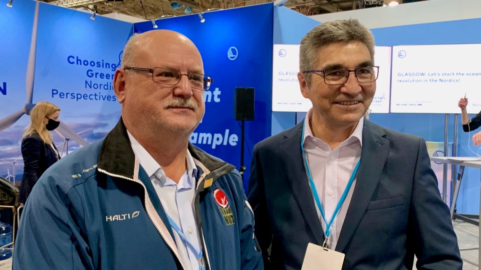 NWT environment minister Shane Thompson, left, meets Greenland counterpart Kalistat Lund at COP26 in a photo posted by Thompson to Twitter