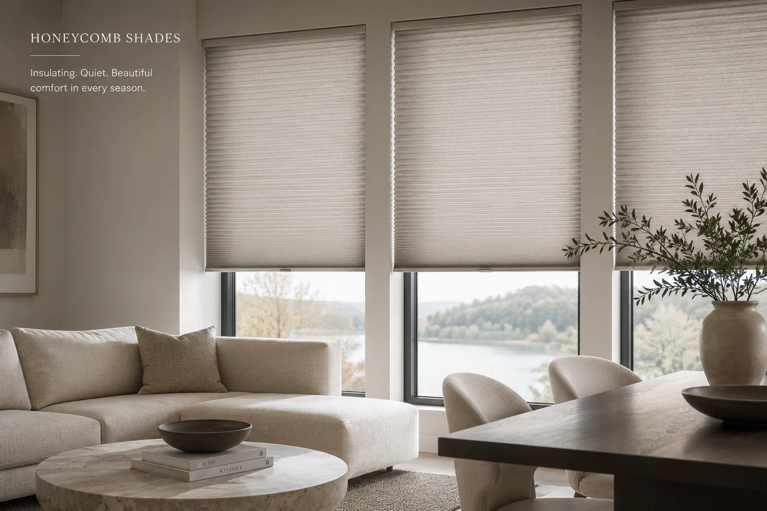 Honeycomb shades installed across residential windows with cellular texture visible.