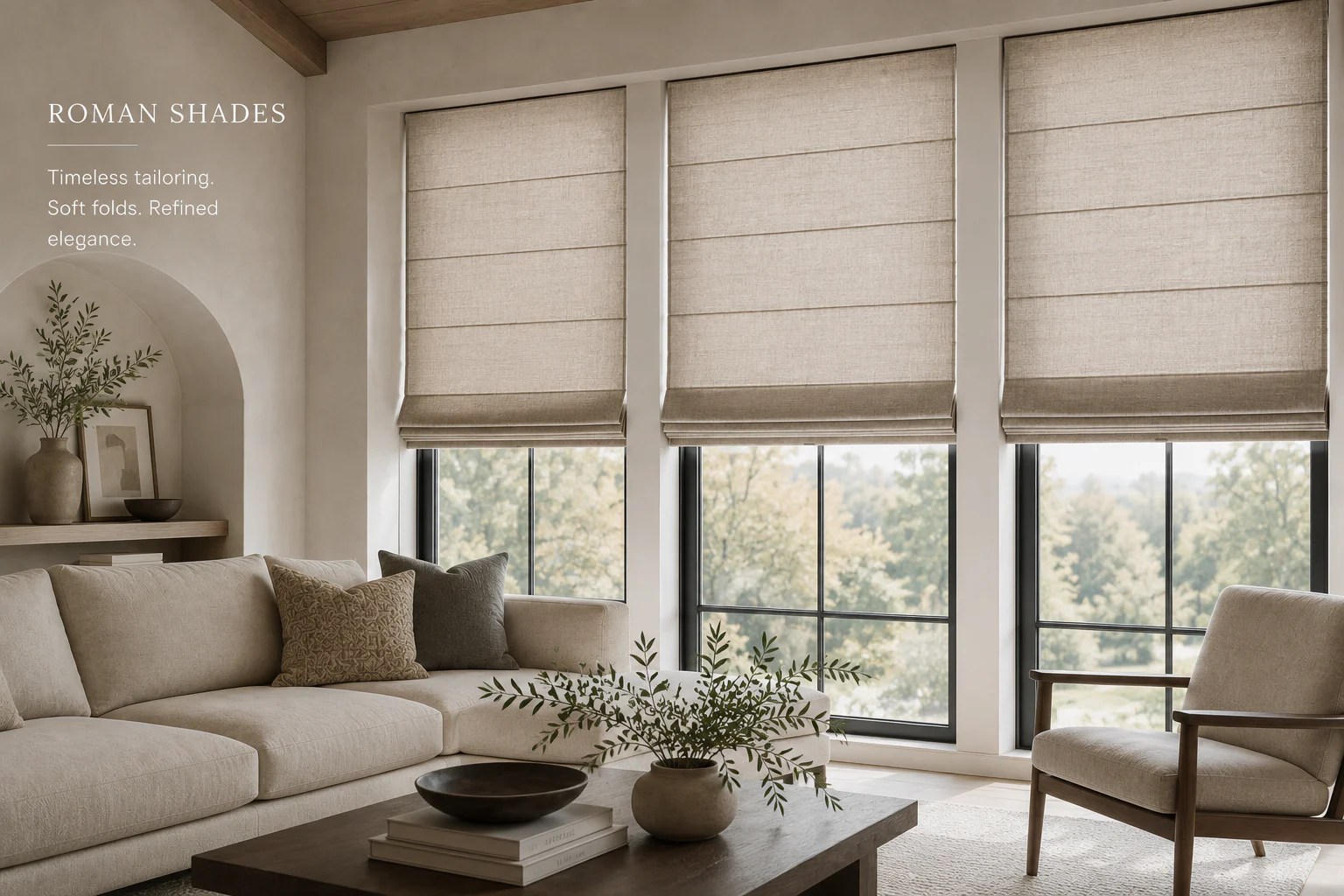Roman shades installed across three windows in a warm contemporary living room.