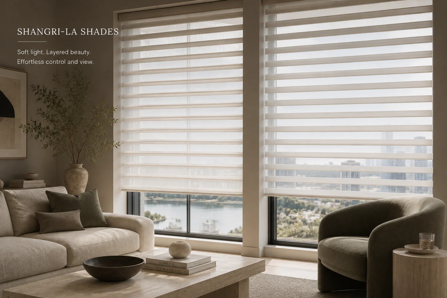 Shangri-La shades filtering daylight in a premium high-rise interior.