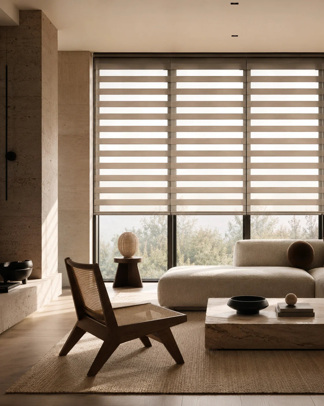 Zebra shades with aligned sheer and solid bands in a contemporary interior.