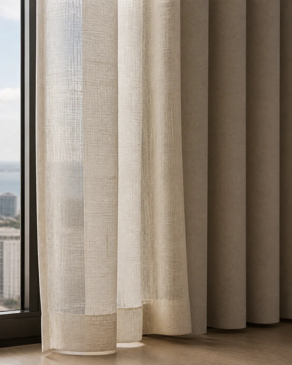 Close-up of sheer and drapery fabrics showing layered folds and transparency.
