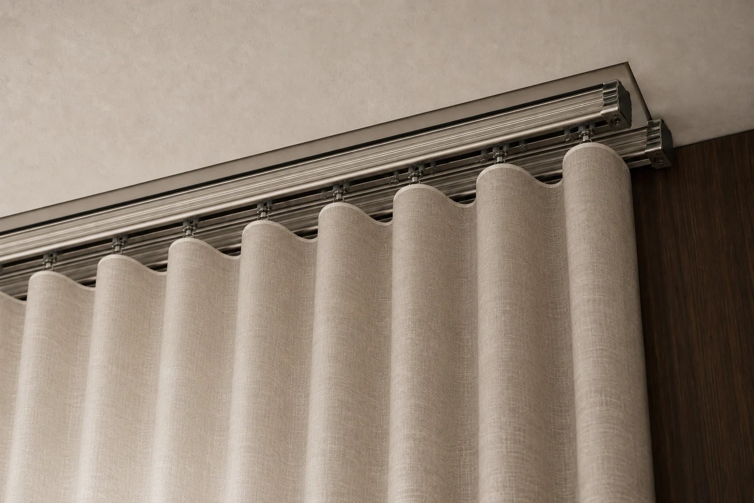 Ripplefold drapery track, carriers and heading hardware detail.