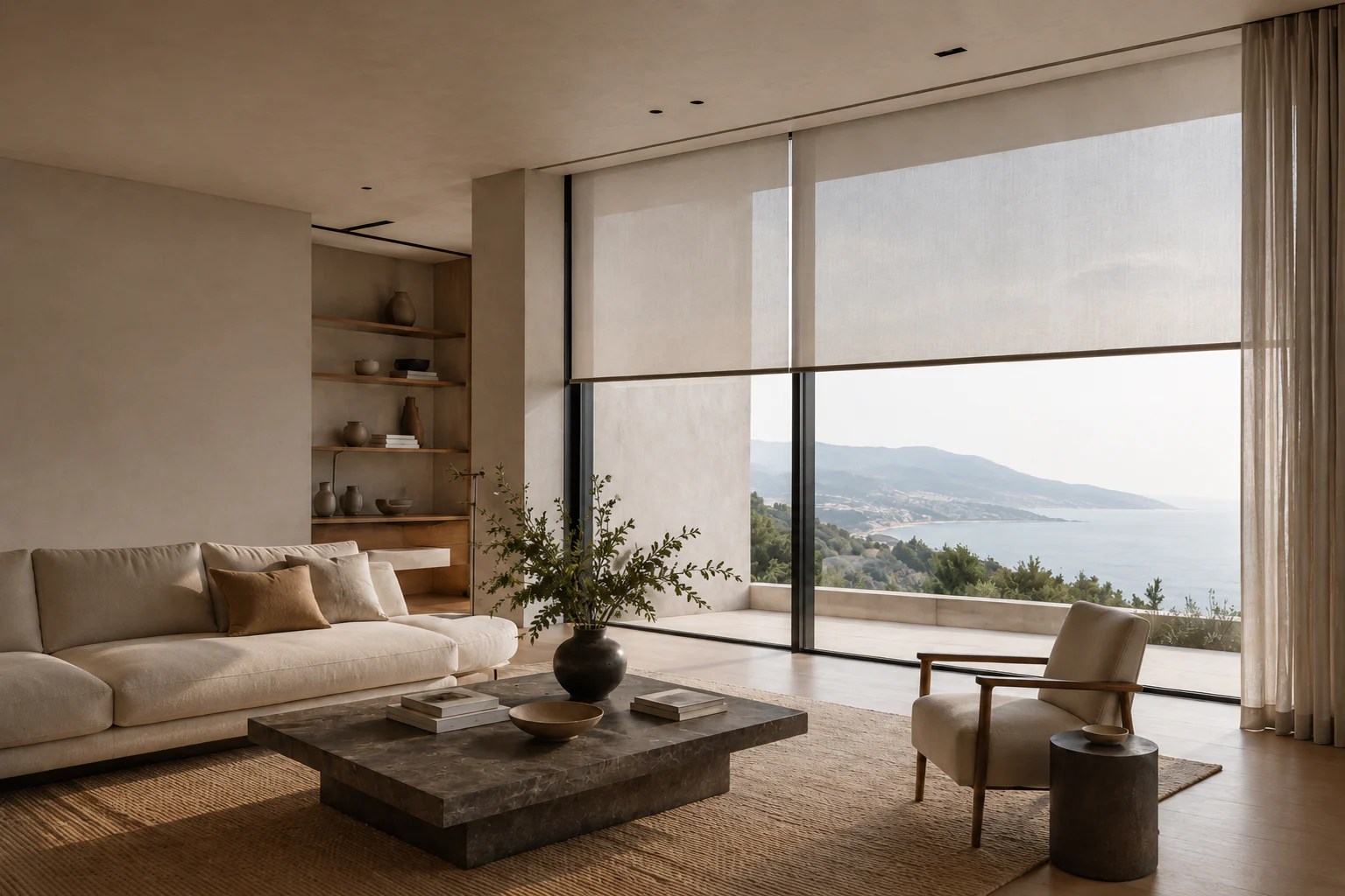 Contemporary interior with integrated roller shades and drapery across large glazing.