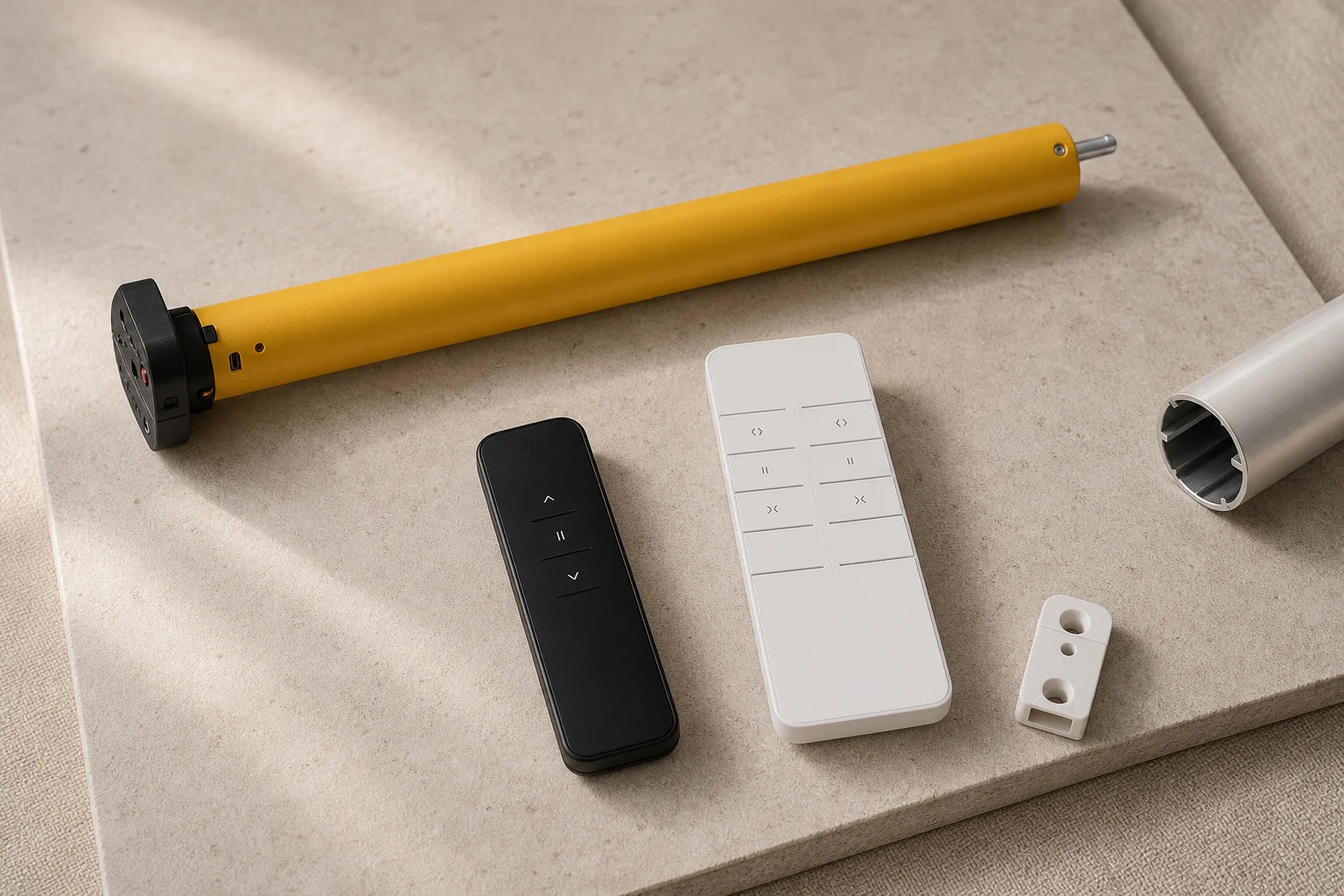 Tubular motor, remotes and control hardware for automated window coverings.