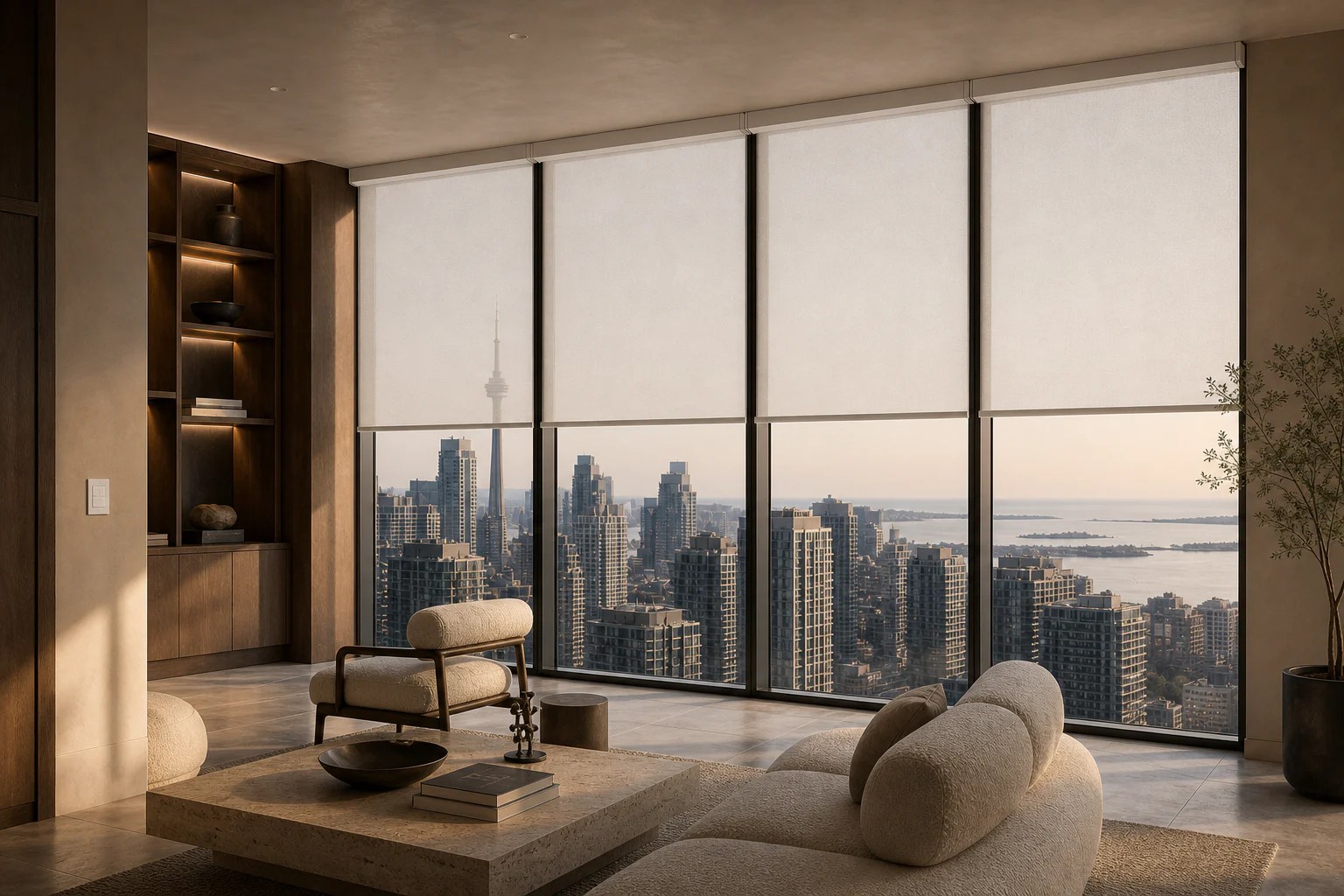 Motorized roller shades aligned across a Toronto high-rise project interior.