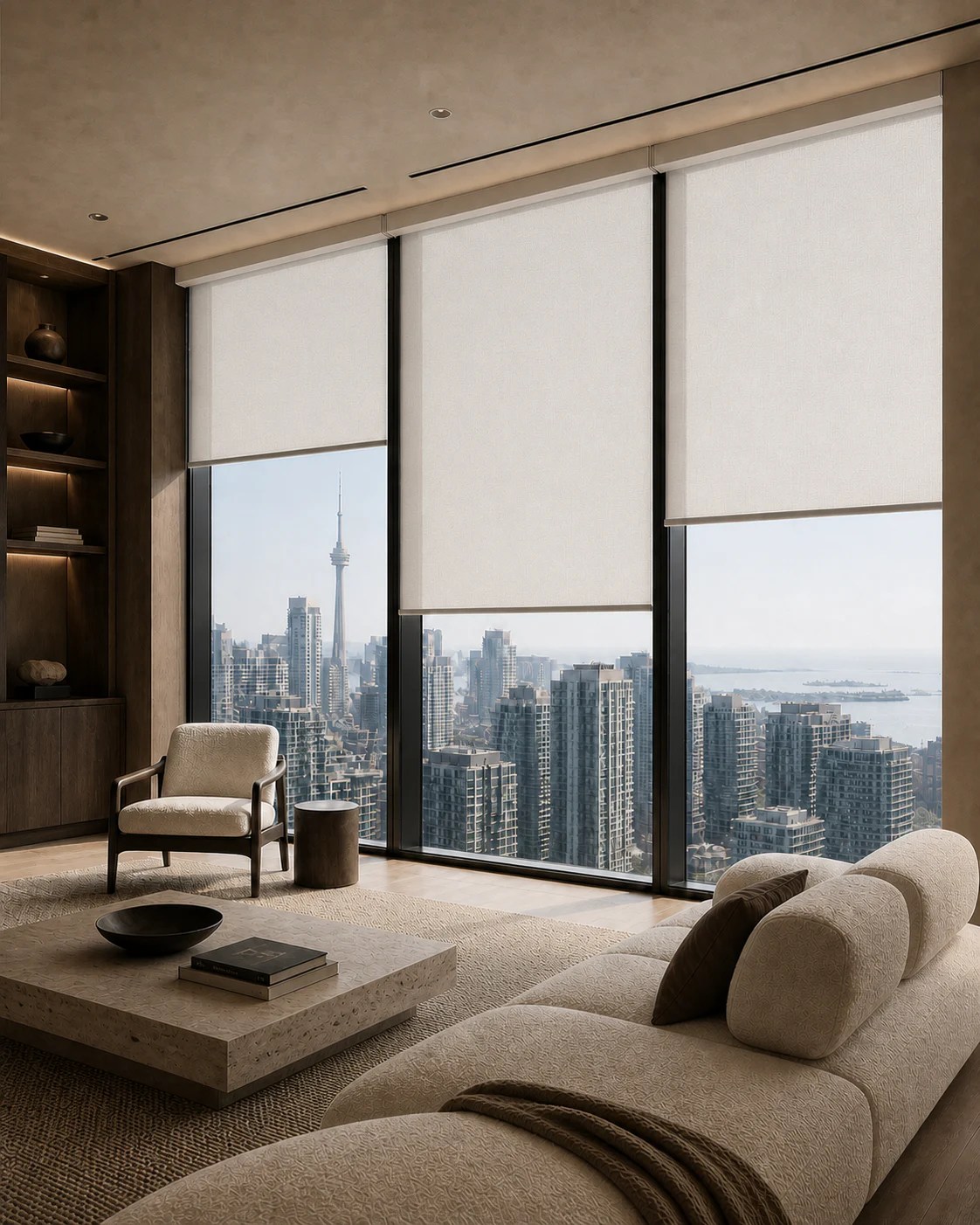 Roller shades installed across floor-to-ceiling windows in a Toronto high-rise suite.