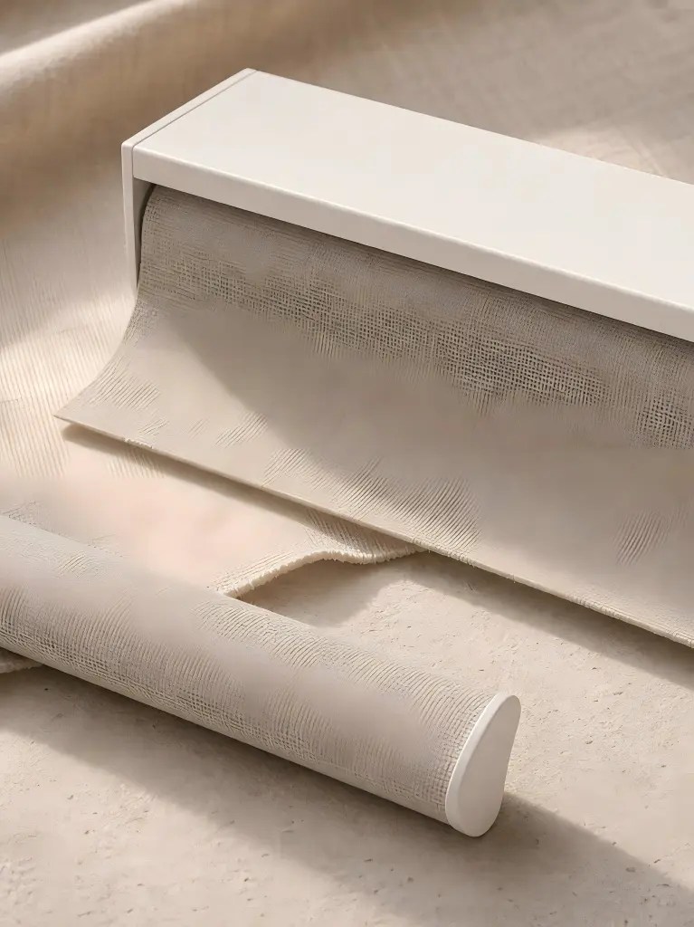 Roller shade cassette, fabric-wrapped bottom rail and mounting bracket in a clean product study.