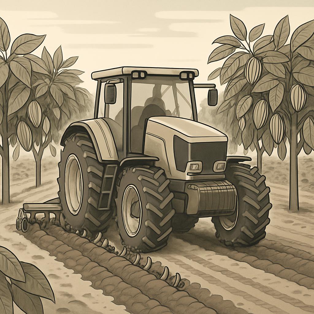L'illustration d'un tracteur qui travaille dans un champ de cacao : lumineuse, sur une toile beige et silencieuse, élégant...