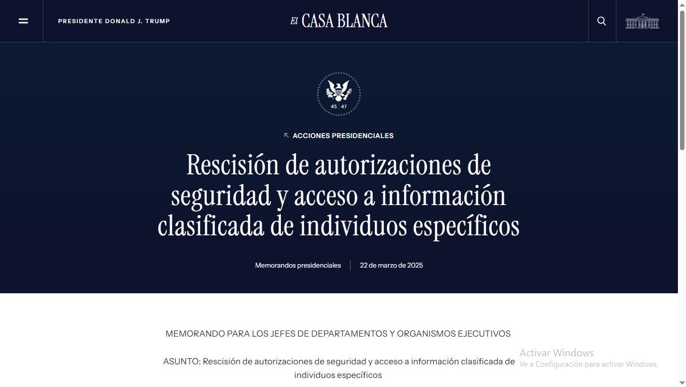 Trump revoca acceso a información clasificada a Biden, Harris, Clinton y otros opositores