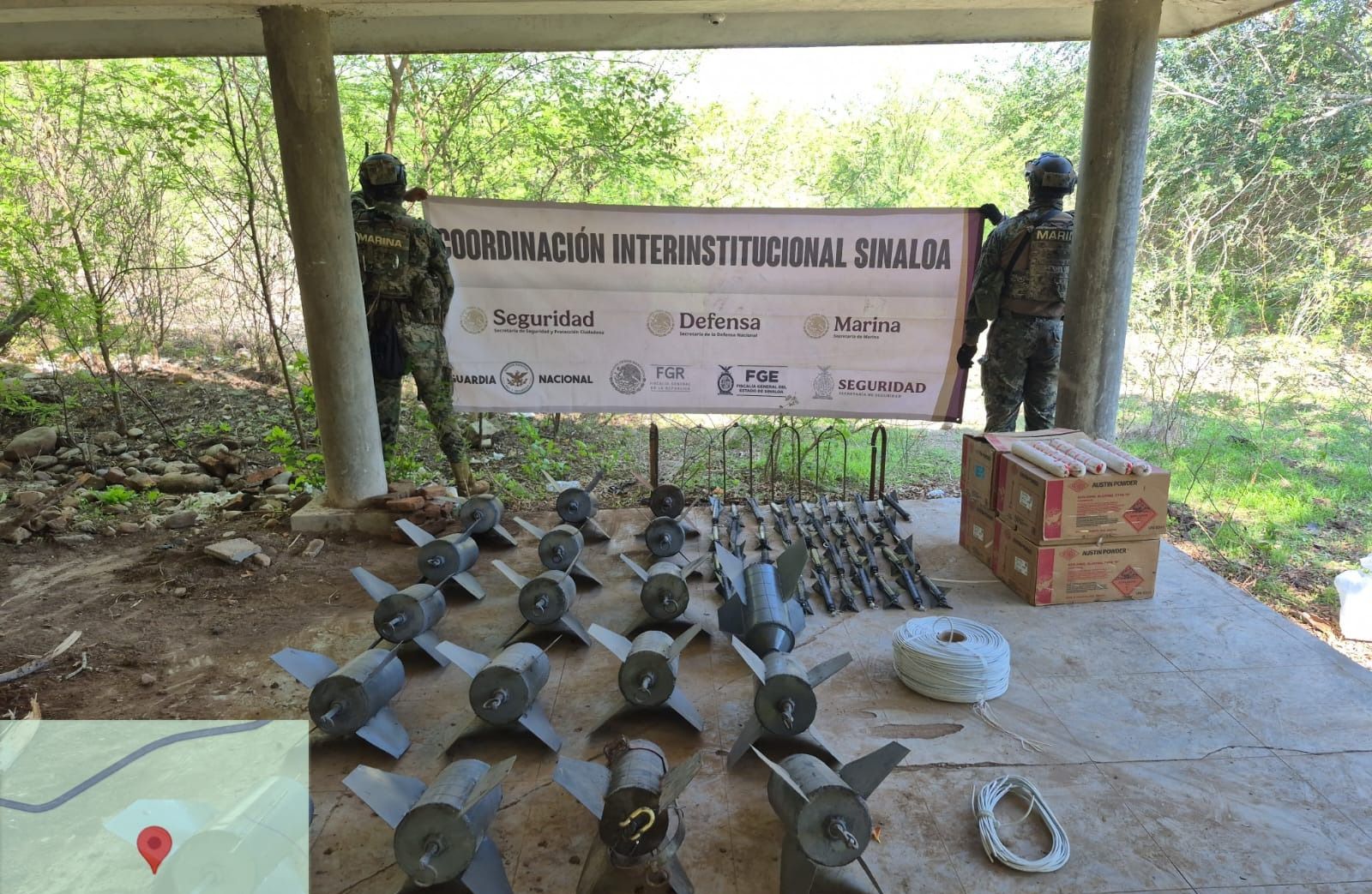 Marina en coadyuvancia con el grupo Interinstitucional, asegura cinco vehículos, municiones, equipo táctico y armas en Mazatlán, Sinaloa