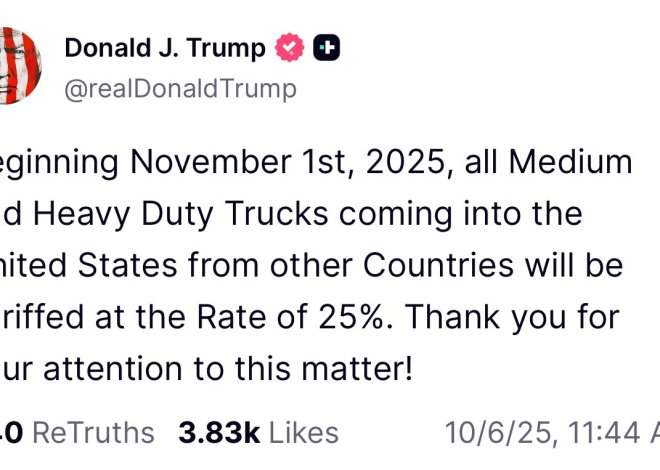 Trump impondrá arancel de 25% a camiones importados por EE. UU. desde noviembre