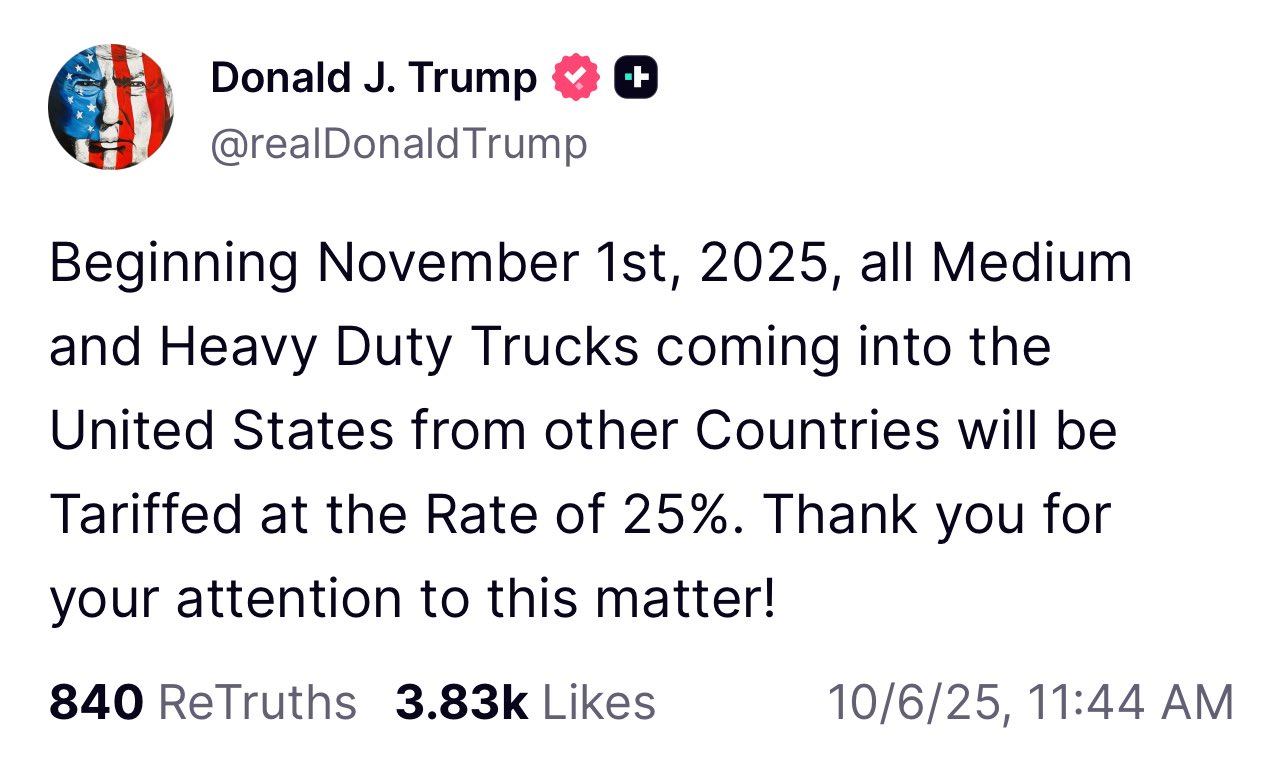 Trump impondrá arancel de 25% a camiones importados por EE. UU. desde noviembre