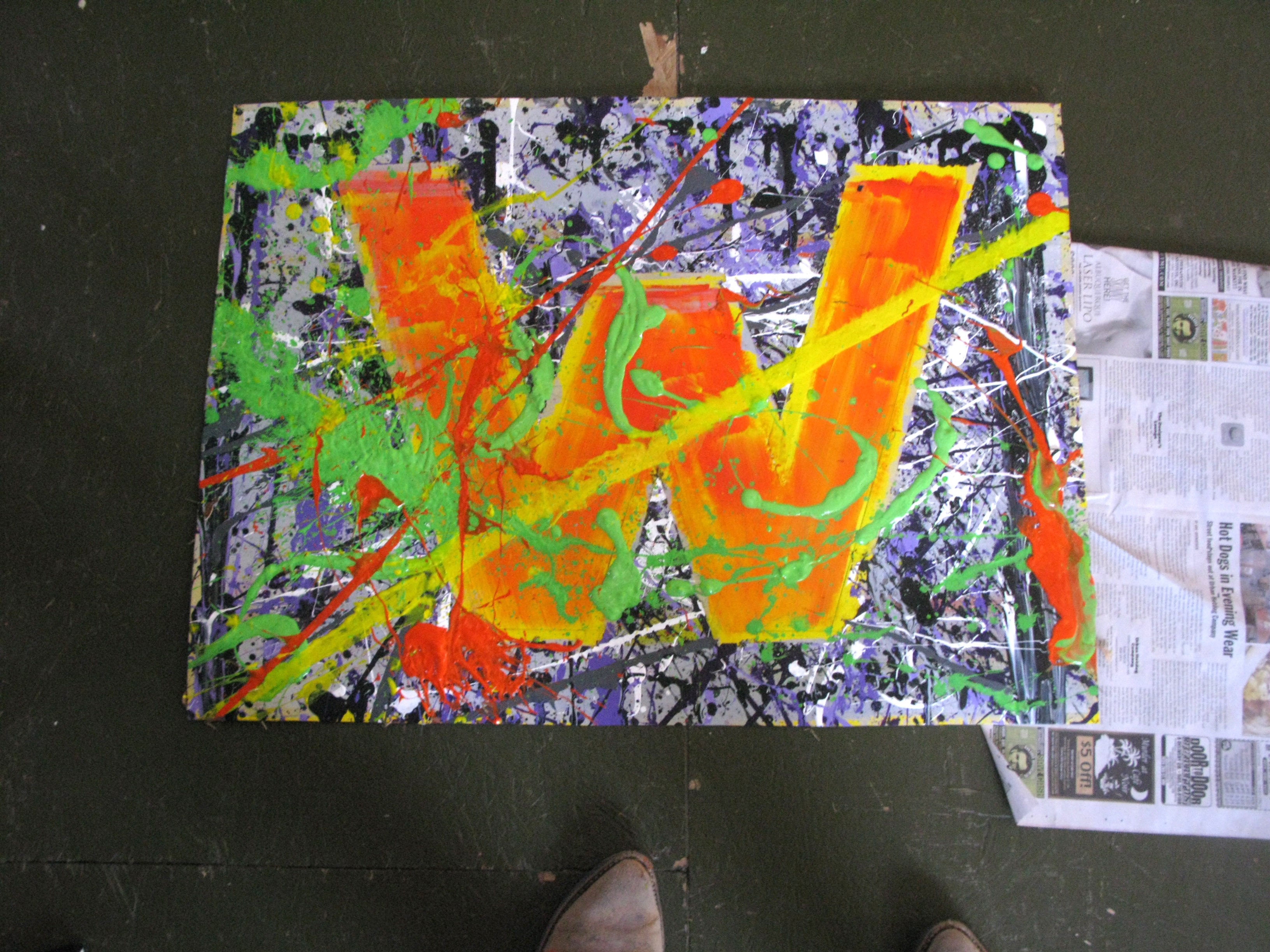 We do end up taking the painting to the park and throwing fistfulls of paint at it.