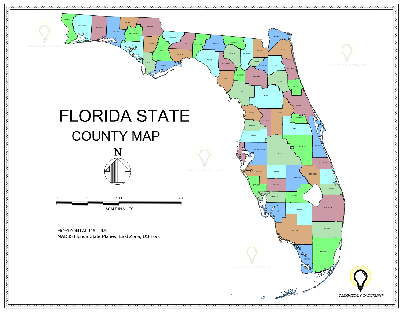 Florida County Map CADBright Word Image 3217 1 