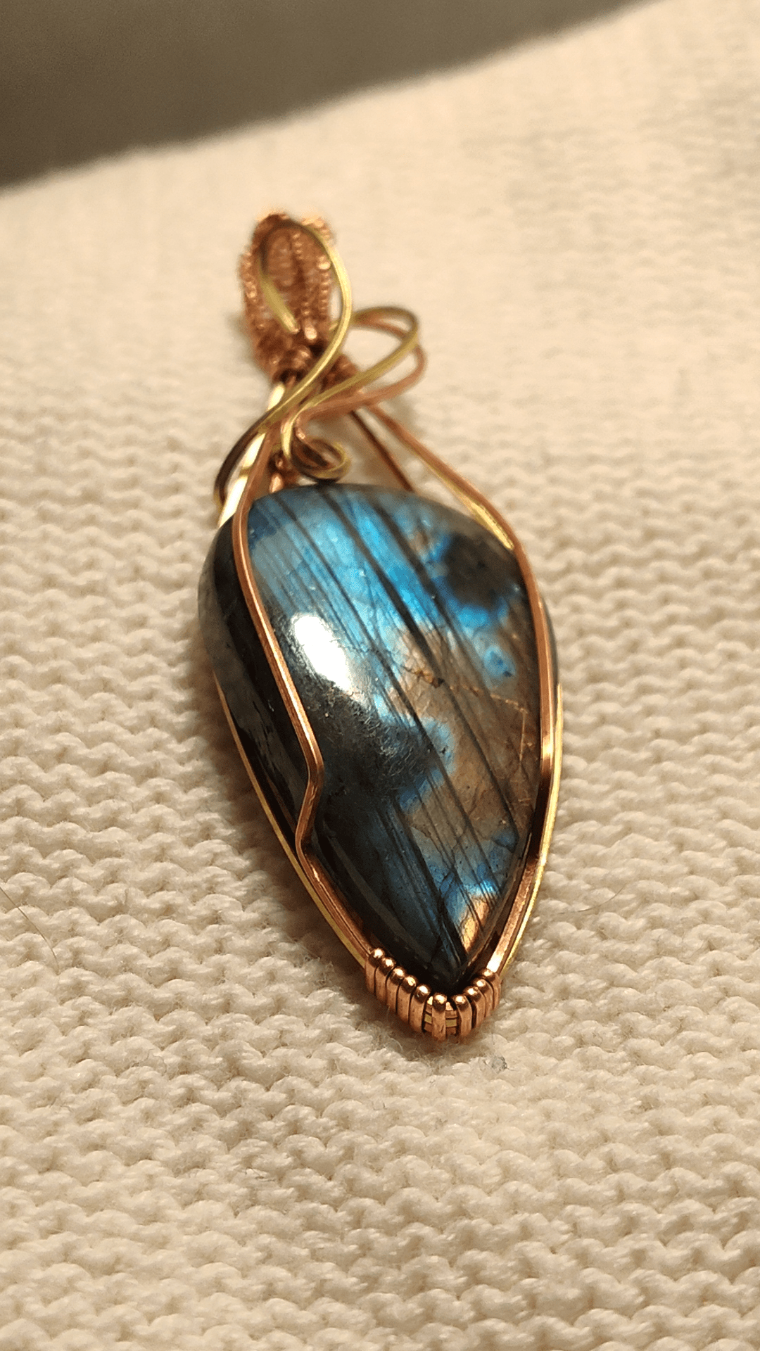 labradorite teardrop pendant with copper and brass