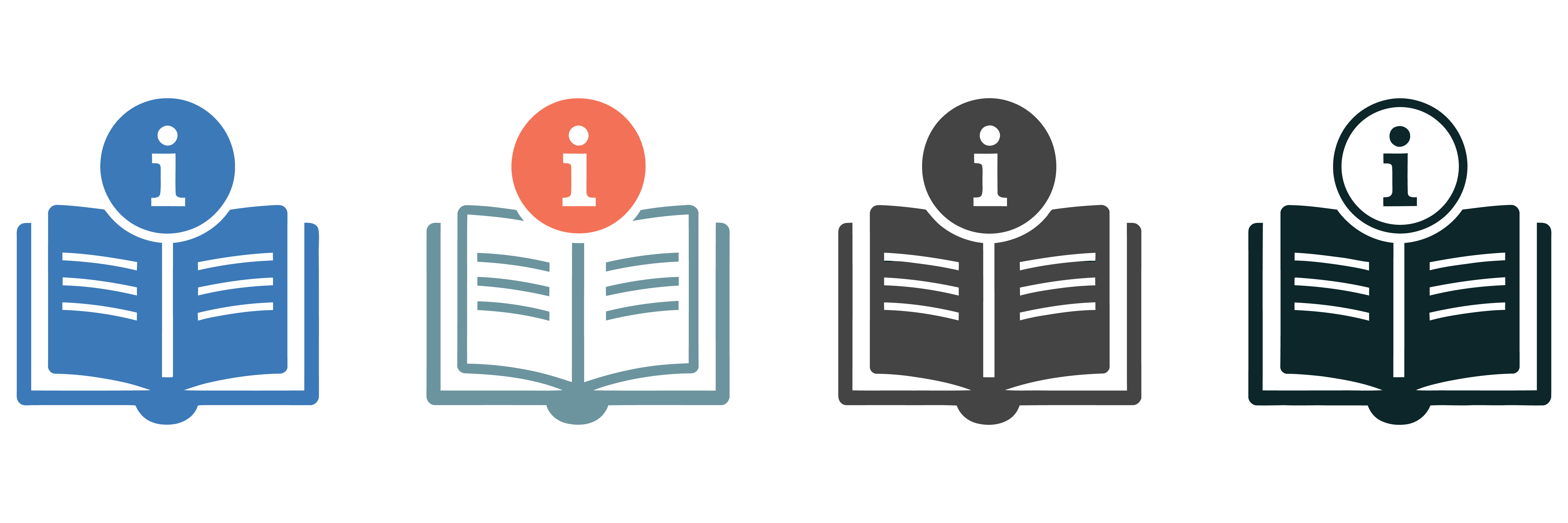 Row of four stylized open‑book icons, each with an information symbol above it, in different colors representing access to learning and resources